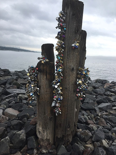 Posts covered with padlocks on Lake Superior